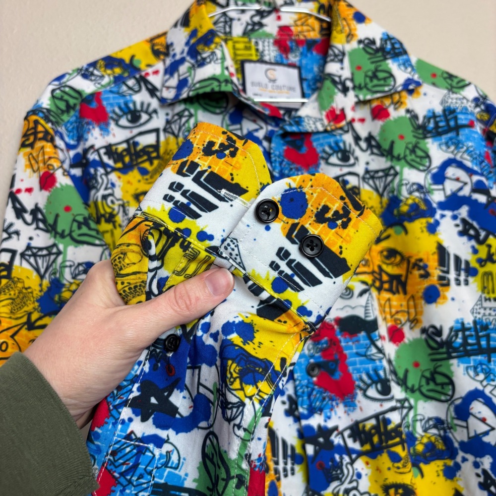 Suslo Couture Mens Slim Fit Graffiti Pop Art Button Down Shirt Multi Color M - Picture 8 of 13